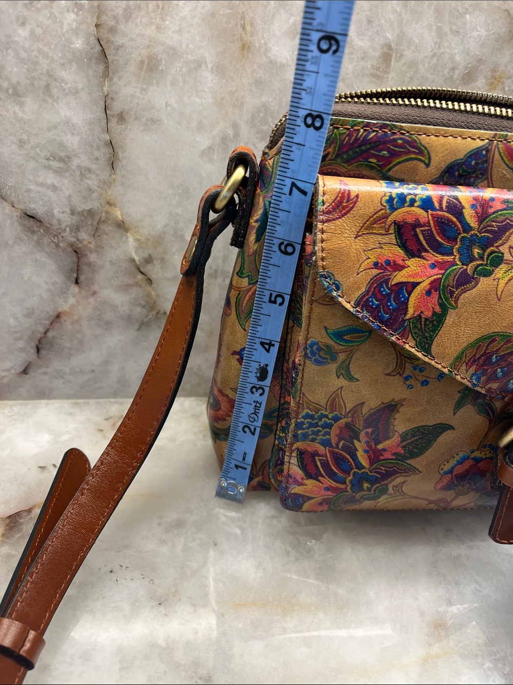 Patricia Nash Floral Print Tan Leather Crossbody Bags 22” drop - Picture 9 of 9